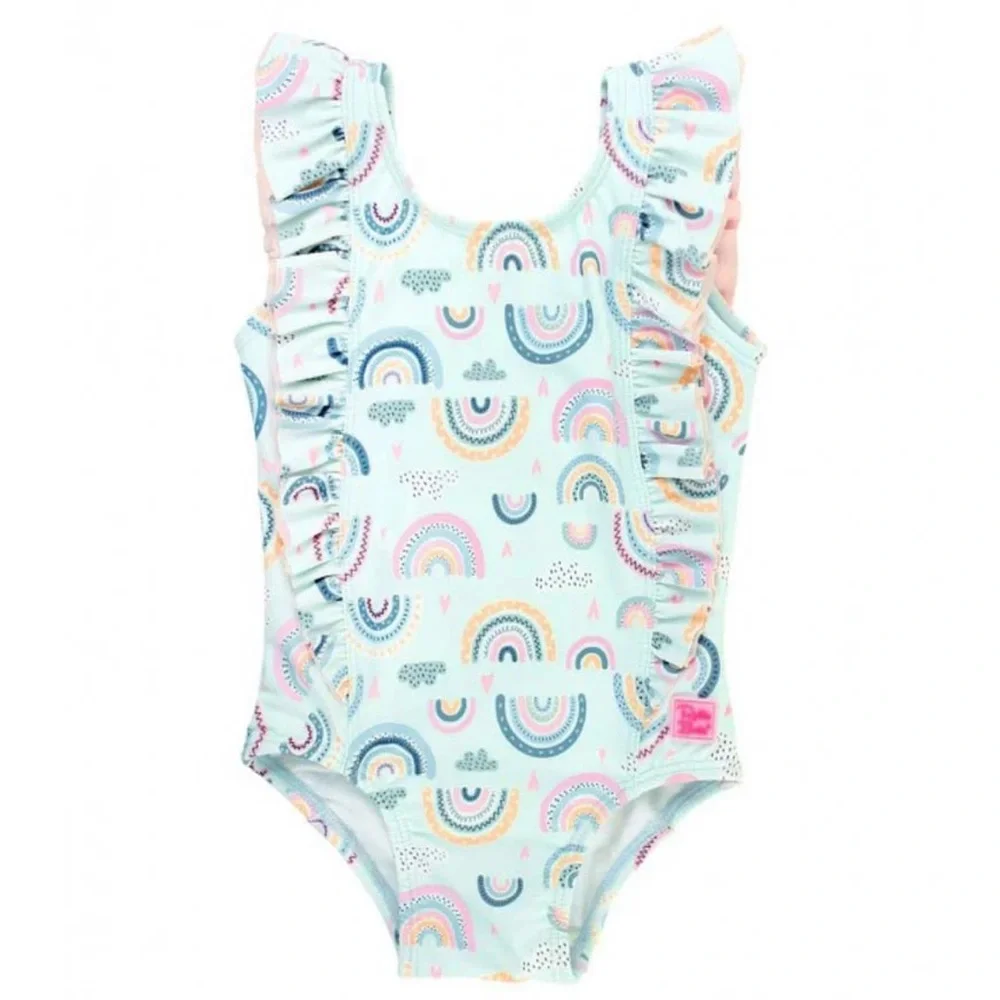 NWT RuffleButts Chase The Rainbow Waterfall Girls One Piece Swimsuit- back bow